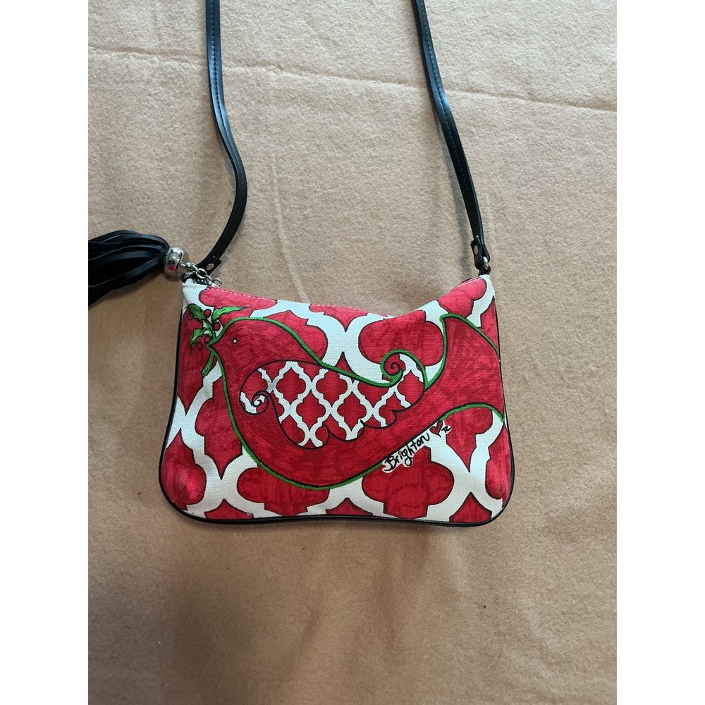 Brighton Crossbody Bag Womens Small Red Good Whimsical Bird Tassel Canvas